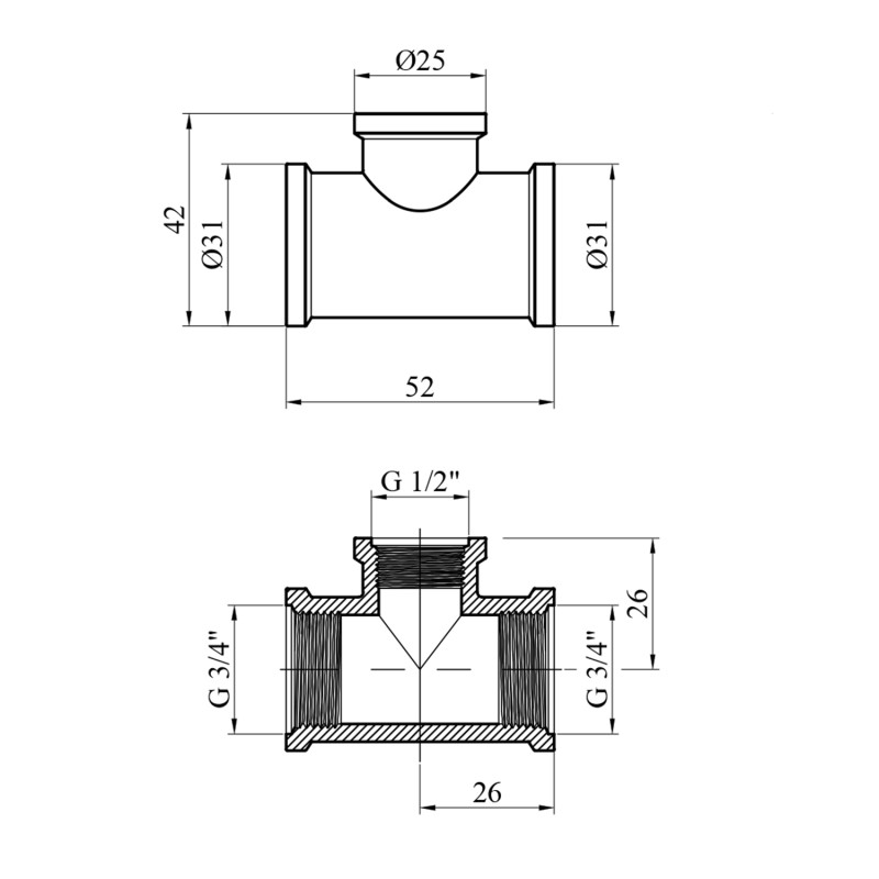 Трійник перехідний посилений LexLine 3/4"х1/2"х3/4" ВВВ латунний УК0212-В