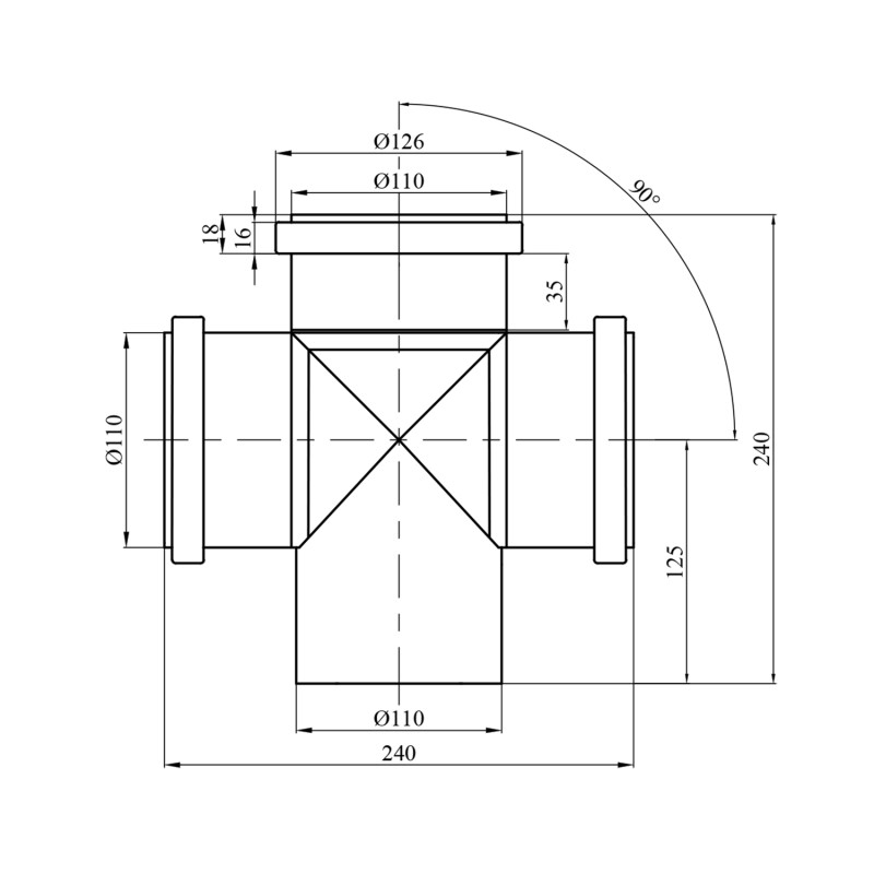 Хрестовина для внутрішньої каналізації Rozma 110х110х110/90°