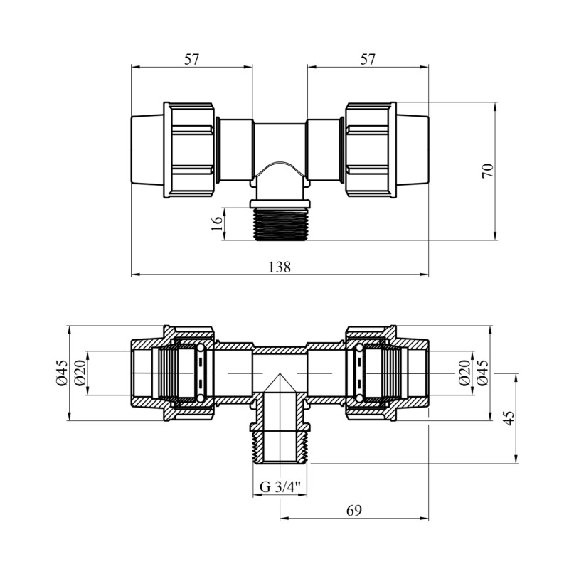 Трійник ПЕ SantehPlast 20х3/4"х20 РЗ