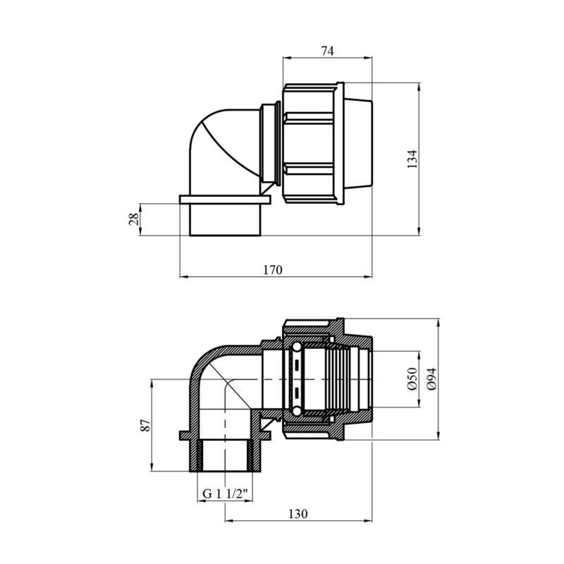 Коліно ПЕ Rozma 50х1 1/2" РВ