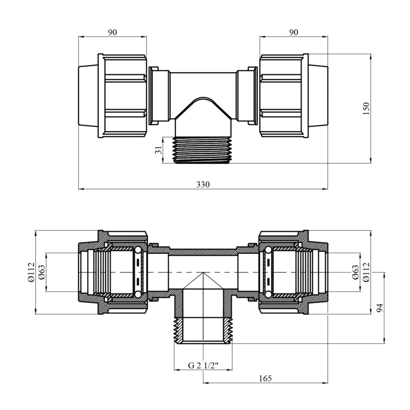 Трійник ПЕ Rozma 63х2 1/2"х63 РЗ