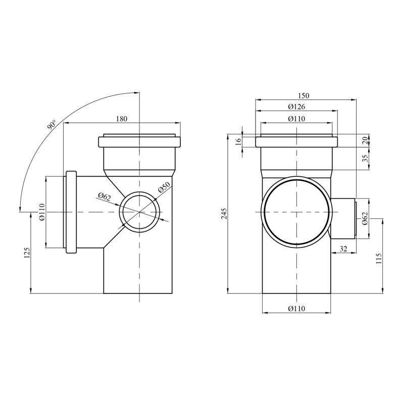 Хрестовина для внутрішньої каналізації Rozma 110х110х50/90°
