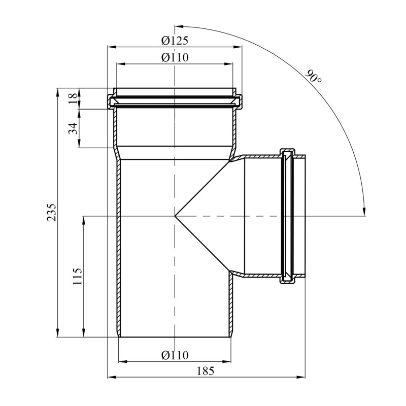 Трійник для зовнішньої каналізації Rozma 110х110/90°