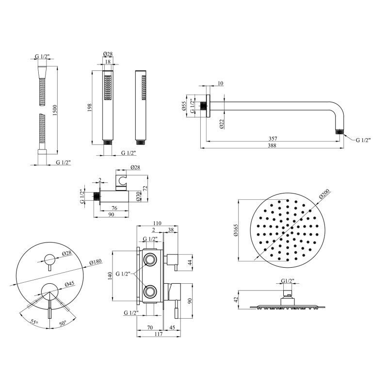 Набор 3 в 1 душова система прихованого монтажу Kroner Edelstahl Klassisch-SCH082 + змішувач Edelstahl Klassisch-SCH010 + змішувач Kroner Edelstahl Klassisch-SCH053