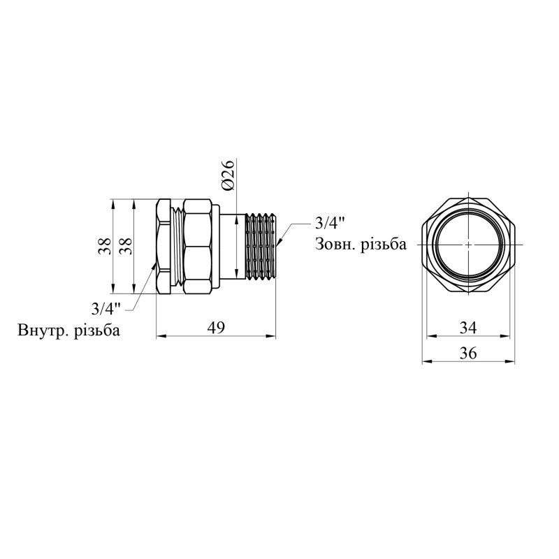 Згін-американка пряма LexLine 3/4" ВЗ під конус латунна УК0813-В