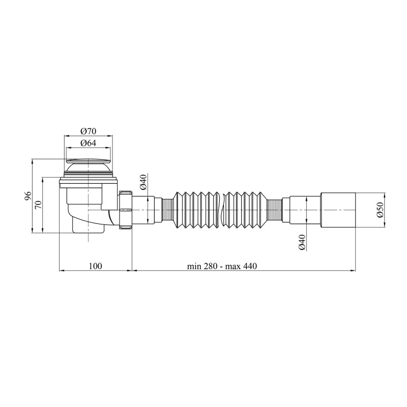 Сифон для душового піддона Kroner KRP - ST08 1 1/2"x60, D-64 з системою Сlick-Сlac, з гнучкою трубкою 40/50 мм