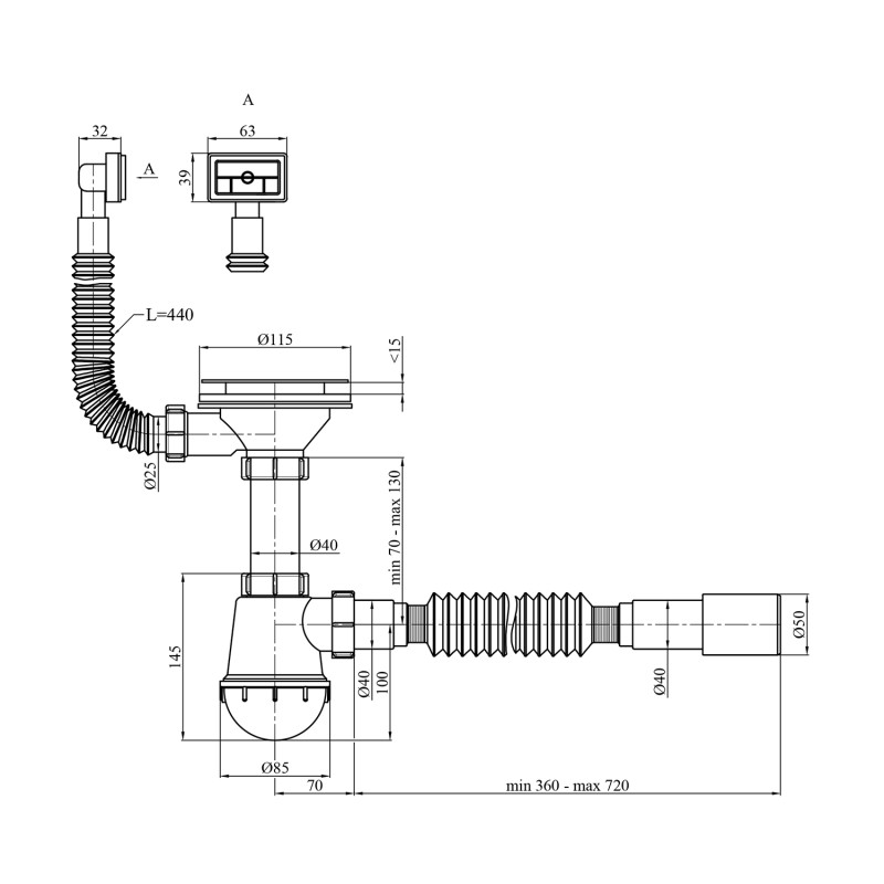 Сифон для кухонної мийки Kroner KRP - KS02 3 1/2"х40/50 мм з квадратним переливом