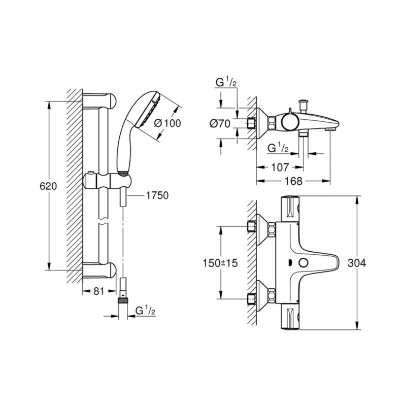 Змішувач для ванни Grohe Grohtherm 800 34567000 з душовим гарнітуром 27948001 (34567001)