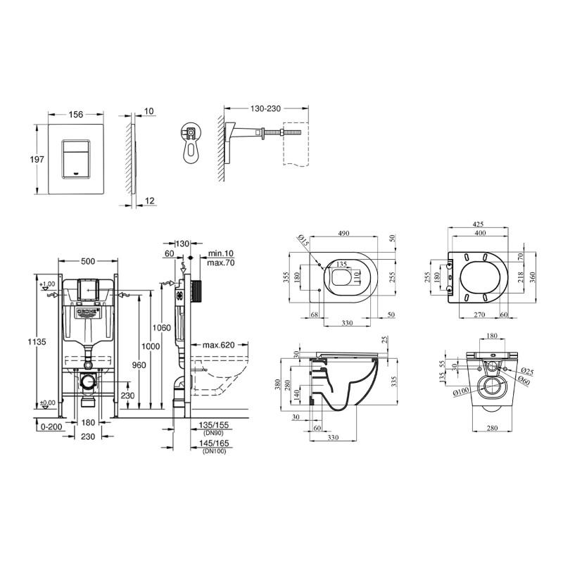 Комплект 4 в 1: Інсталяція GROHE Solido 3 в 1 3884966Q + Унітаз безобідковий Kroner Harz WHI493736 RIMLESS з сидінням Slim Duroplast/Soft-close/ Quick relase KH493736WHIR (3884966KH493736)