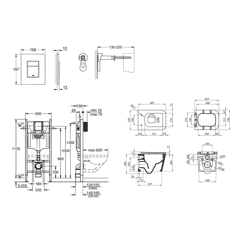 Комплект 4 в 1: Інсталяція GROHE Solido 3 в 1 3884966Q + Унітаз безобідковий Kroner Eifel WHI483429 TORNADO з сидінням Slim Duroplast / Soft-close / Quick relase KE483429WHIT (3884966KE483429)