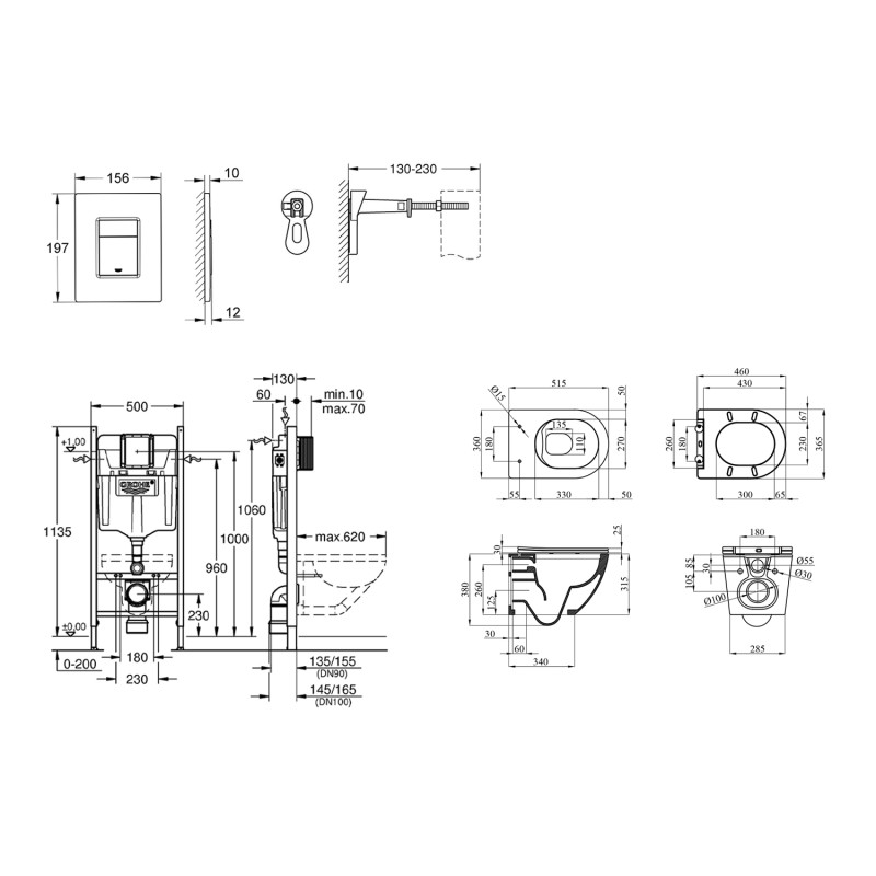 Комплект 4 в 1: Інсталяція GROHE Solido  3 в 1 3884966Q + Унітаз безобідковий Kroner Harz WHI523632 RIMLESS з сидінням Slim Duroplast / Soft-close / Quick relase KH523632WHIR (3884966KH523632)
