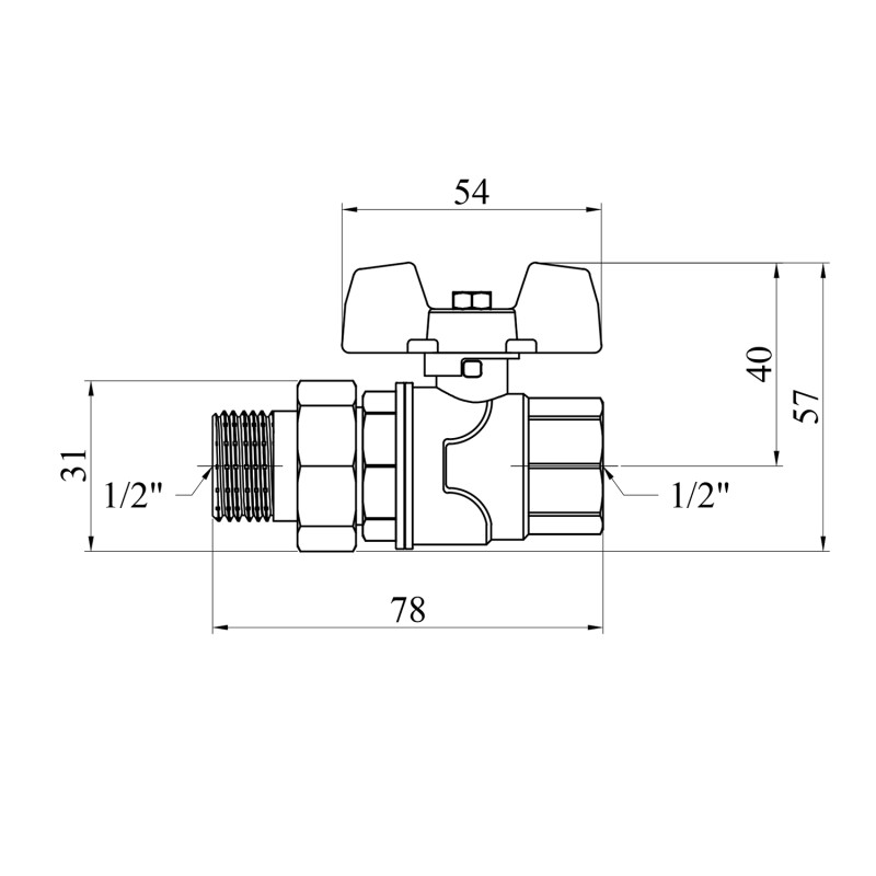 Кран-американка кульовий прямий WaGa 1/2" PN40 метелик, нікельований