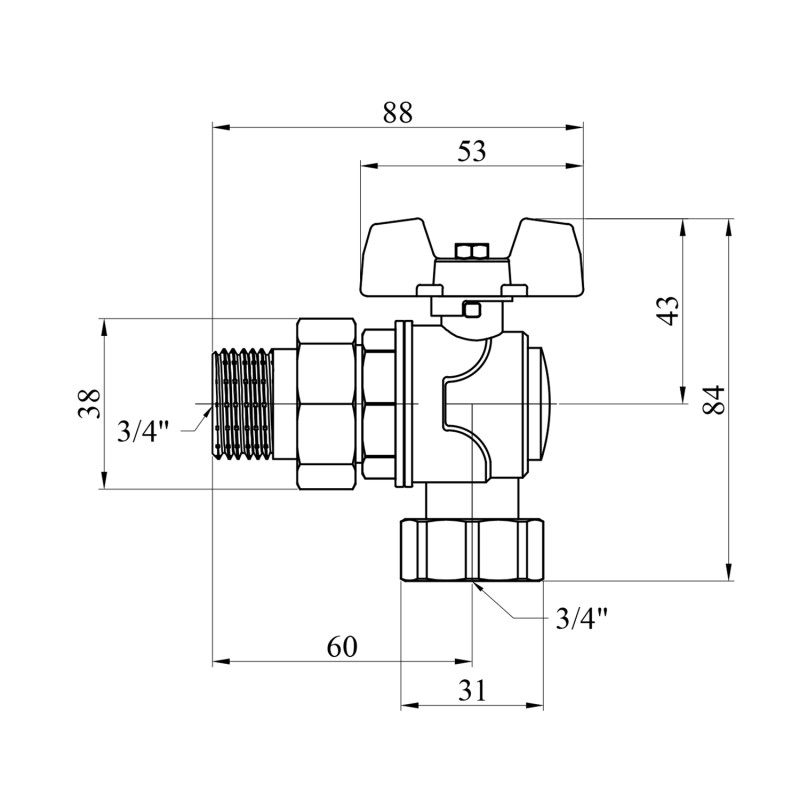 Кран-американка кульовий кутовий WaGa 3/4" PN40 метелик, нікельований
