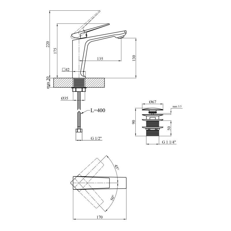 Змішувач для раковини Kroner KRP Ersel - GRP0111BV з донним клапаном