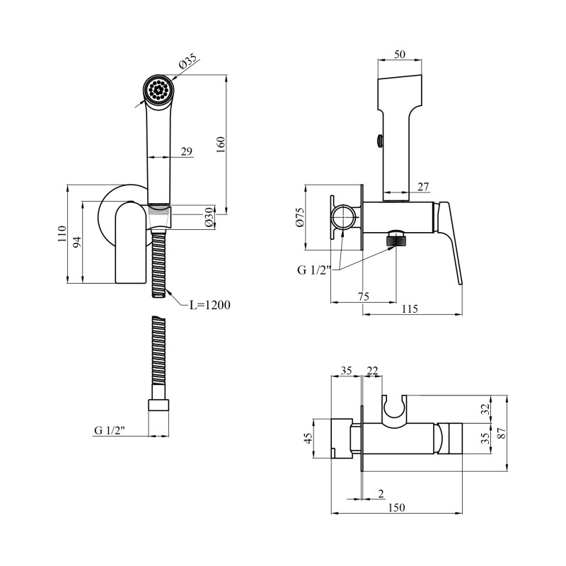 Набір для гігієнічного душу прихованого монтажу зі змішувачем Kroner KRP Graz - C082