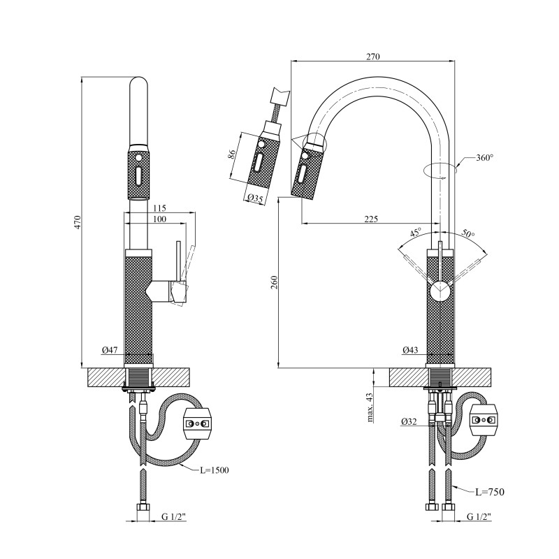 Змішувач для кухні Kroner KRP Edelstahl Berg - GRP030-T