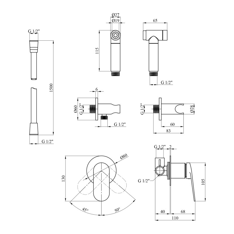 Набір для гігієнічного душу зі змішувачем Kroner Element 211234-5301