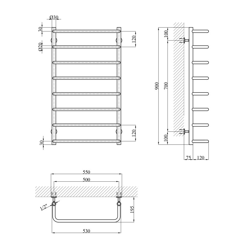 Сушарка для рушників водяна Kroner KRP Stil WT900x500-8
