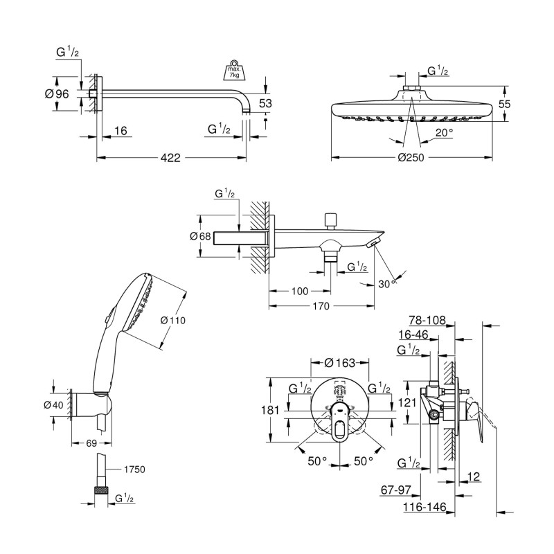 Душова система прихованого монтажу Grohe Vitalio Start 250 з виливом для ванни та змішувачем Bauloop UA290810R3