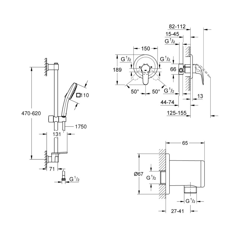 Душова система Grohe Euroeco з гарнітуром Vitalio Comfort 110 та шланговим підключенням 3274226929