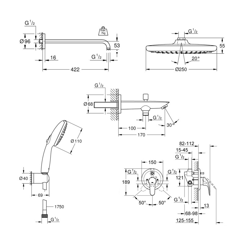 Душова система Grohe Vitalio Start 250 з виливом для ванни та змішувачем Euroeco UA32747R3