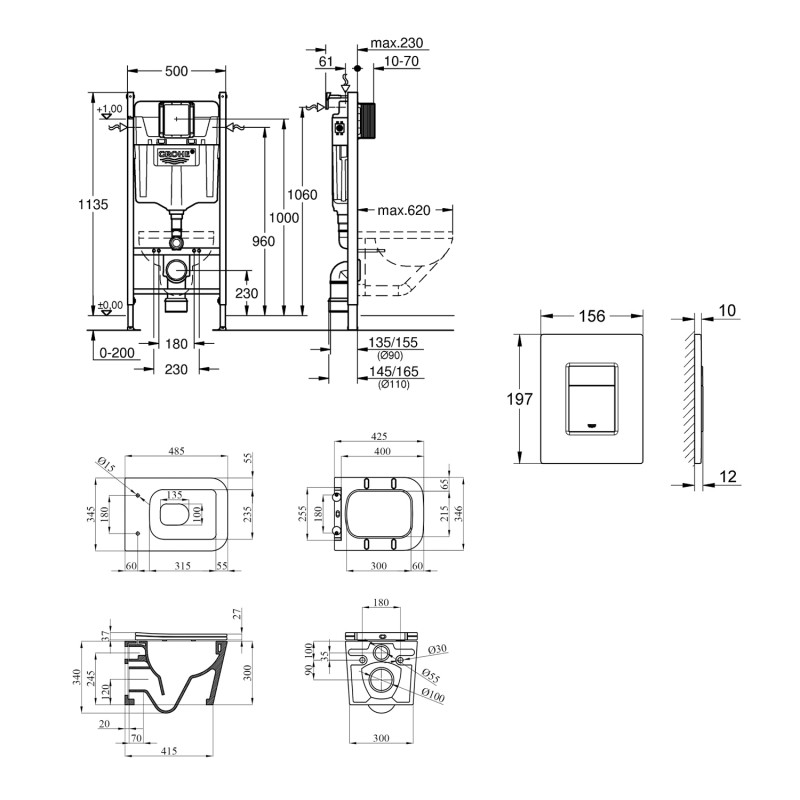 Комплект 4 в 1: Інсталяція Grohe Solido 2 в 1 38971000 + Панель змиву для унітаза Grohe Even Black 38966KV0 + Унітаз підвісний безобідковий Kroner Eifel WHI483429 TORNADO з сидінням Slim Duroplast / Soft-close / Quick relase KE483429WHIT(38971966KV0KE48T)