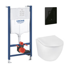 Комплект 4 в 1: Інсталяція Grohe Solido 2 в 1 38971000 + Панель змиву для унітаза Grohe Even Black 38966KV0 + Унітаз безободковий Kroner Harz WHI493736 RIMLESS з сидінням Slim Duroplast / Soft-close / Quick relase KH493736WHIR (38971966KV0KH49R)