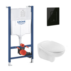 Комплект 4 в 1: Інсталяція Grohe Solido 2 в 1 38971000 + Панель змиву для унітаза Grohe Even Black 38966KV0 + Унітаз безободковий Kroner Oker WHI533536 RIMLESS з сидінням Slim Duroplast / Soft-close / Quick relase KO533536WHIR (38971966KV0KO53R)
