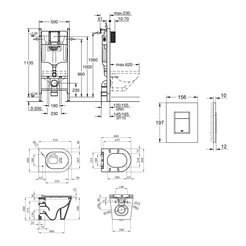 Комплект 4 в 1: Інсталяція Grohe Solido 2 в 1 38971000 + Панель змиву для унітаза Grohe Even 389662430 + Унітаз підвісний безобідковий Kroner Armada WHI513636 RIMLESS з сидінням Slim Duroplast / Soft-close / Quick relase KA513636WHIR (38971966243KA51R)