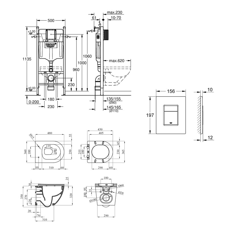 Комплект 4 в 1: Інсталяція Grohe Solido 2 в 1 38971000 + Панель змиву для унітаза Grohe Even 389662430 + Унітаз підвісний безобідковий Kroner Harz WHI483632 TORNADO з сидінням Slim Duroplast / Soft-close / Quick relase KH483632WHIT (38971966243KH48T)