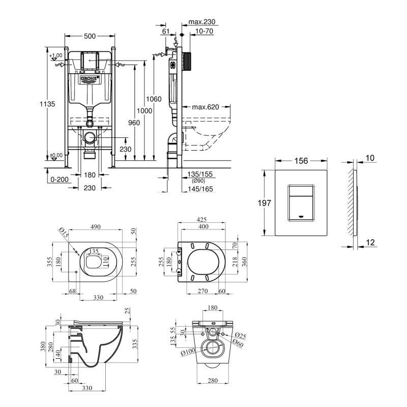 Комплект 4 в 1: Інсталяція Grohe Solido 2 в 1 38971000 + Панель змиву для унітаза Grohe Even 389662430 + Унітаз підвісний безобідковий Kroner Harz WHI493736 RIMLESS з сидінням Slim Duroplast / Soft-close / Quick relase KH493736WHIR (38971966243KH49R)