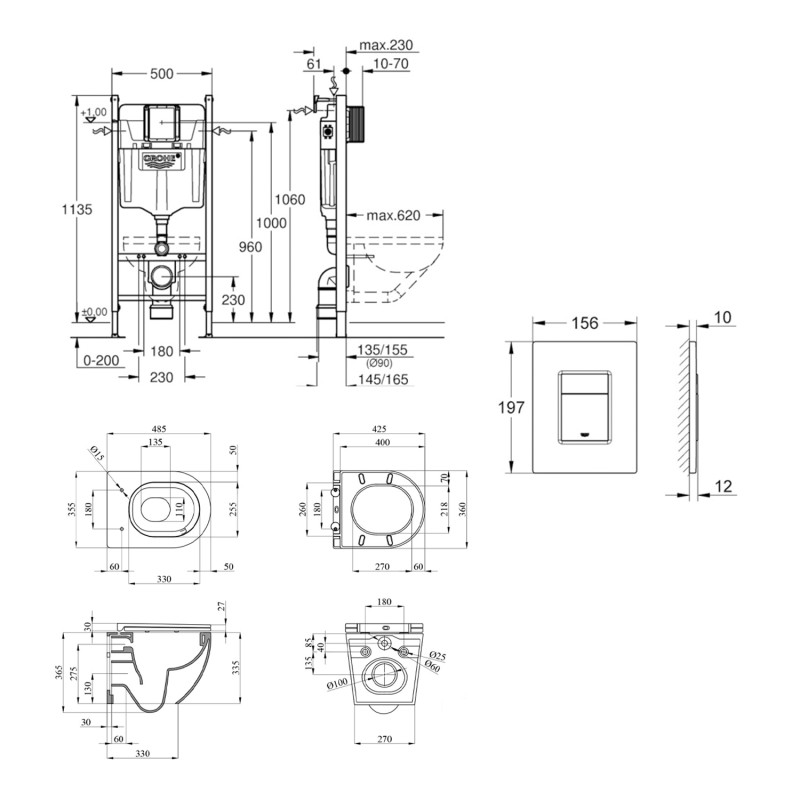 Комплект 4 в 1: Інсталяція Grohe Solido 2 в 1 38971000 + Панель змиву Grohe Even 389662430 + Унітаз підвісний безобідковий Kroner Harz WHI493736 TORNADO (38971966243KH49T)