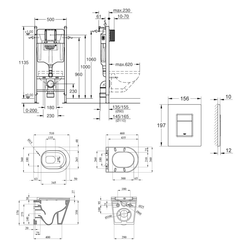 Комплект 4 в 1: Інсталяція Grohe Solido 2 в 1 38971000 + Панель змиву для унітаза Even Black 38966KV0 + Унітаз підвісний безобідковий Kroner Armada WHI513636 TORNADO (38971966KV0KA51T)