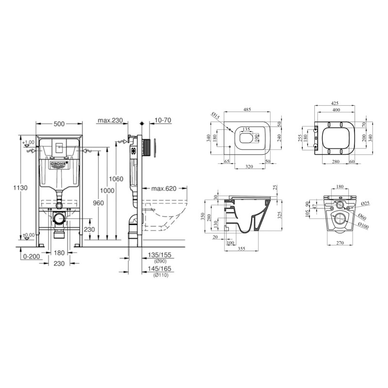 Комплект 4 в 1: Інсталяція Grohe Rapid SL 3 в 1 38772001 + Унітаз безобідковий Kroner Eifel WHI493436 TORNADO (38772001KE49T)