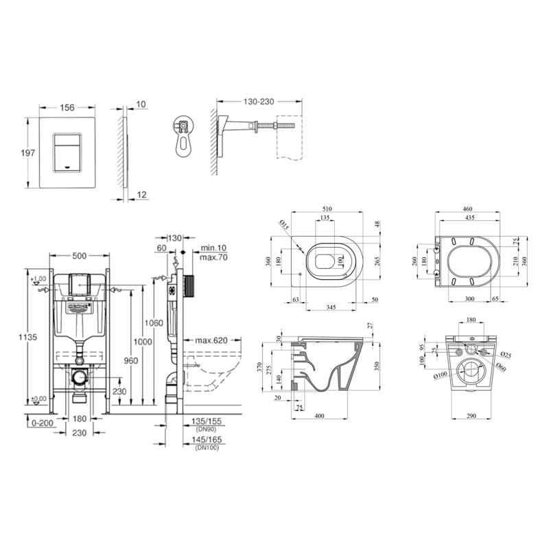 Комплект 4 в 1: Інсталяція GROHE Solido 3 в 1 3884966Q + Унітаз безобідковий Kroner Armada WHI513636 TORNADO (3884966KA51T)