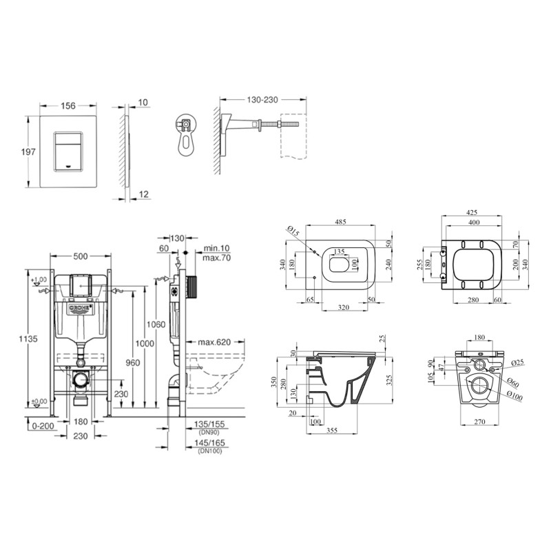 Комплект 4 в 1: Інсталяція GROHE Solido 3 в 1 3884966Q + Унітаз безобідковий Kroner Eifel WHI493436 TORNADO (3884966KE49T)