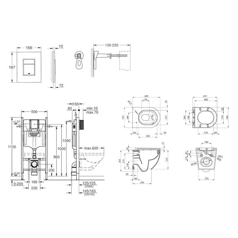 Комплект 4 в 1: Інсталяція GROHE Solido 3 в 1 3884966Q + Унітаз безобідковий Kroner Harz WHI493736 TORNADO (3884966KH49T)