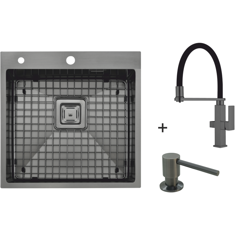 Мийка Top 49 Celldecor Nano Graphite + Змішувач FKM 3120 Black Steel + Дозатор FASD 41 Graphite