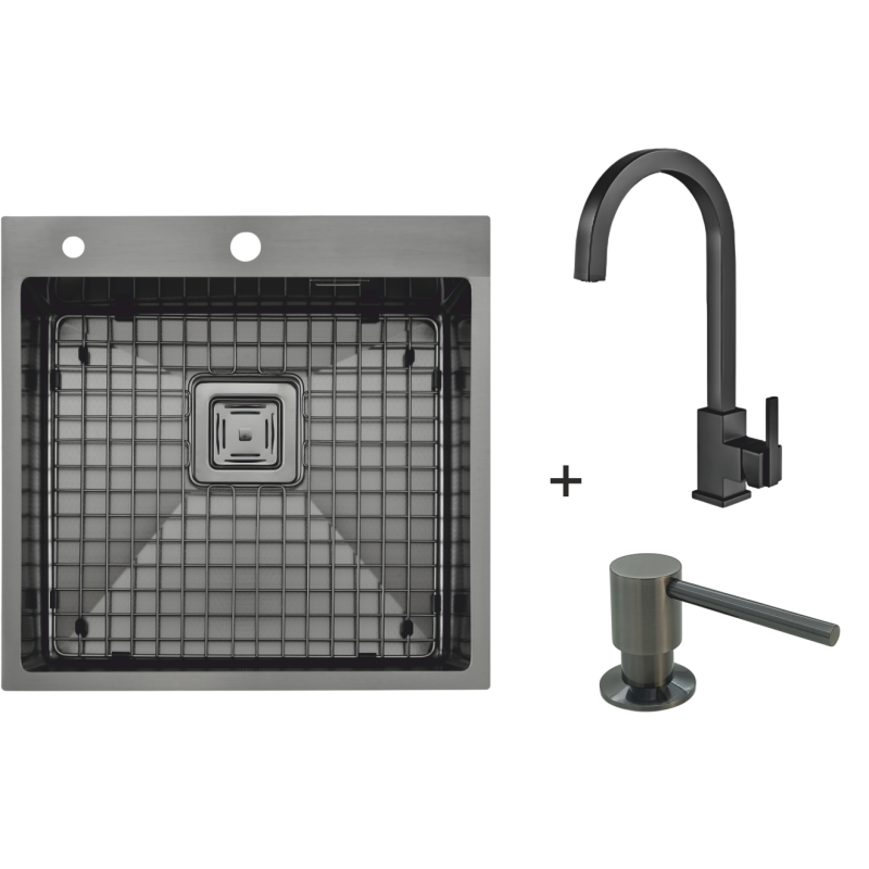 Мийка Top 49 Celldecor Nano Graphite + Змішувач FKM 71 Black Steel + Дозатор FASD 41 Graphite