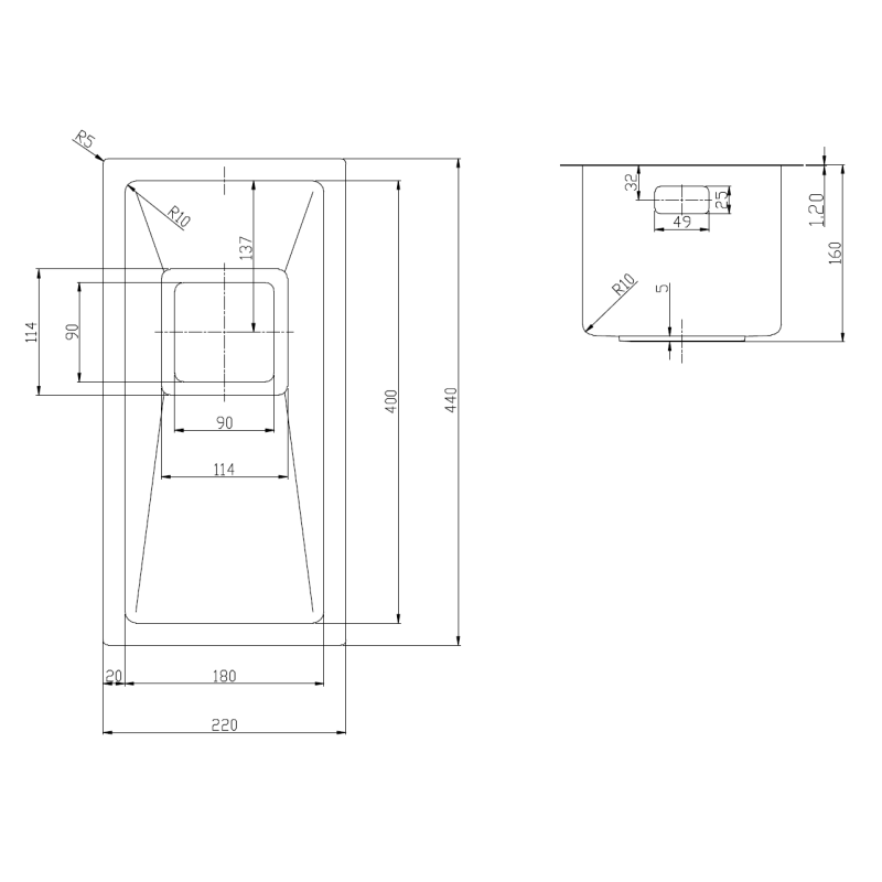Нерж. мийка Quadro 22 R10 (44x22) 1,20 мм