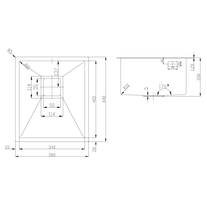 Нерж. мийка Quadro 38 R10 (38x44) 1,20 мм