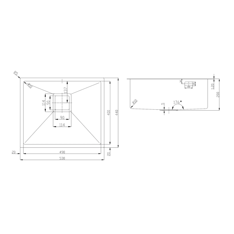 Нерж. мийка Quadro 53 Nano Cooper R10 (53x44) 1,20 мм