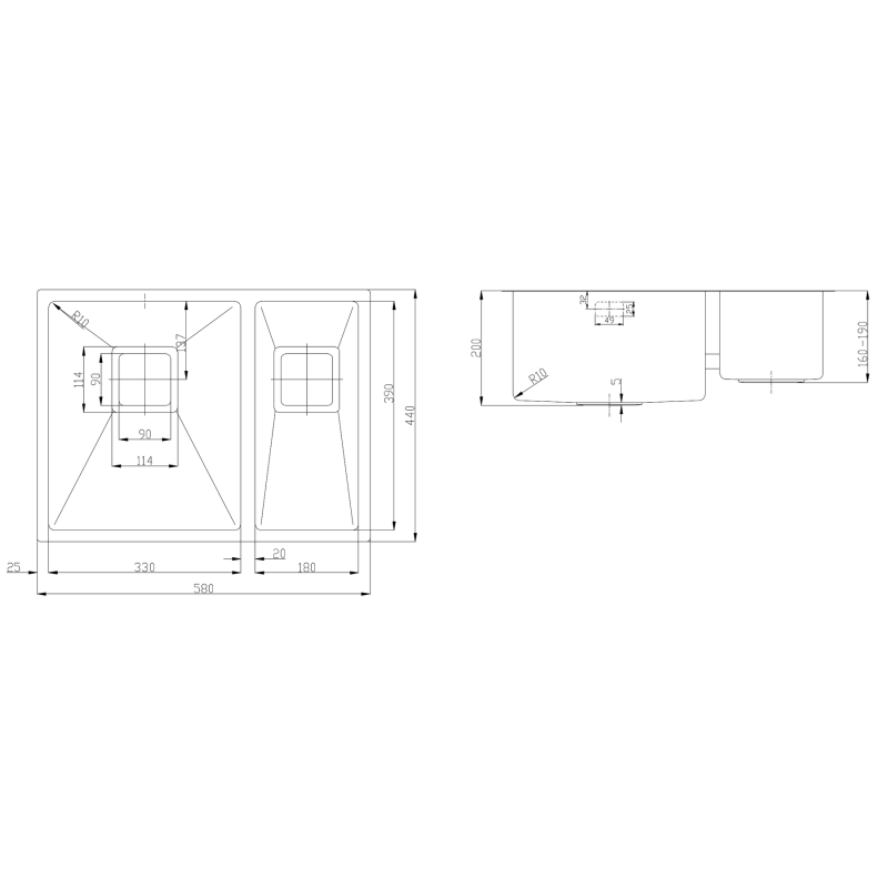 Нерж. мийка Quadro 58 R10 L(58x44) 1,20 мм