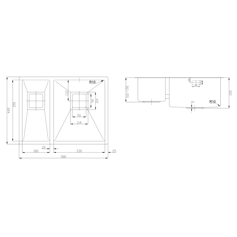 Нерж. мийка Quadro 58 R10 R(58x44) 1,20 мм
