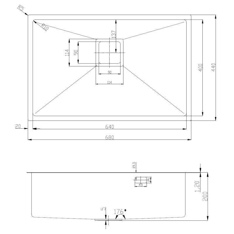 Нерж. мийка Quadro 68 R10 (68x44) 1,20 мм