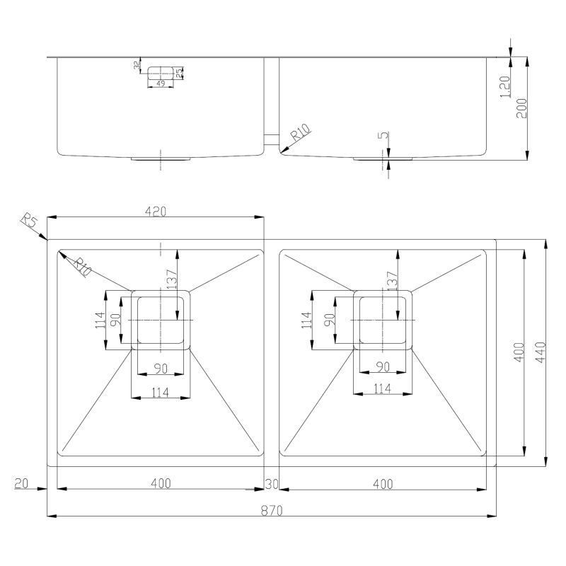 Нерж. мийка Quadro 87х2 R10 Double (87x44) 1,20 мм