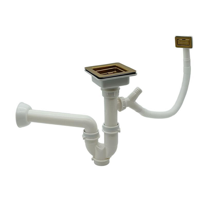 Сифон квадратний одинарний з переливом для нержавіючих мийок Nano Gold