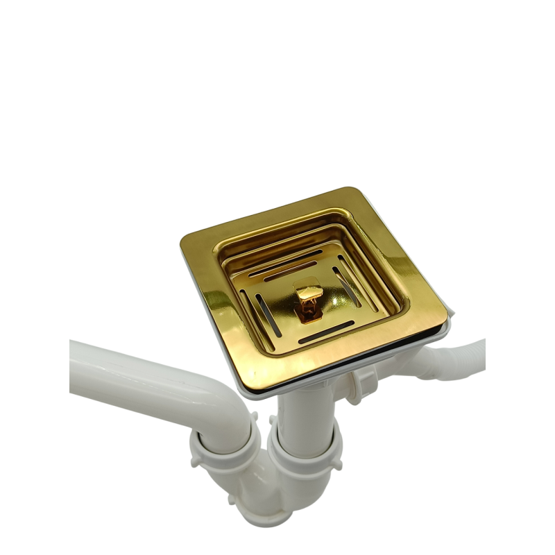 Сифон квадратний одинарний з переливом для нержавіючих мийок Nano Gold