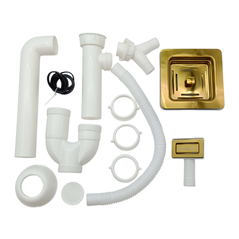 Сифон квадратний одинарний з переливом для нержавіючих мийок Nano Gold