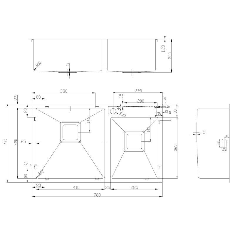 Нерж. мийка TOP 78x2 (78x49) 1,20 мм